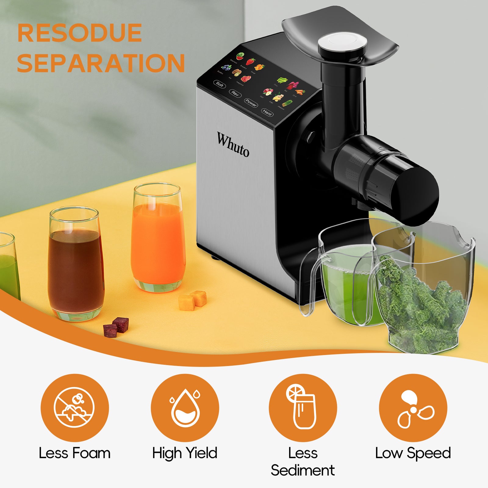 Whuto Masticating Juicer Machines, Touch Screen Juice Maker, Juice Extractor Machine for Vegetable & Fruit, Electric Juicer with 2 Speed Modes & Quiet Motor, Easy to Clean with Brush, Black